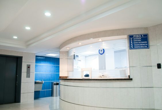 Reception area with a curved counter, blue walls, and nearby elevators.